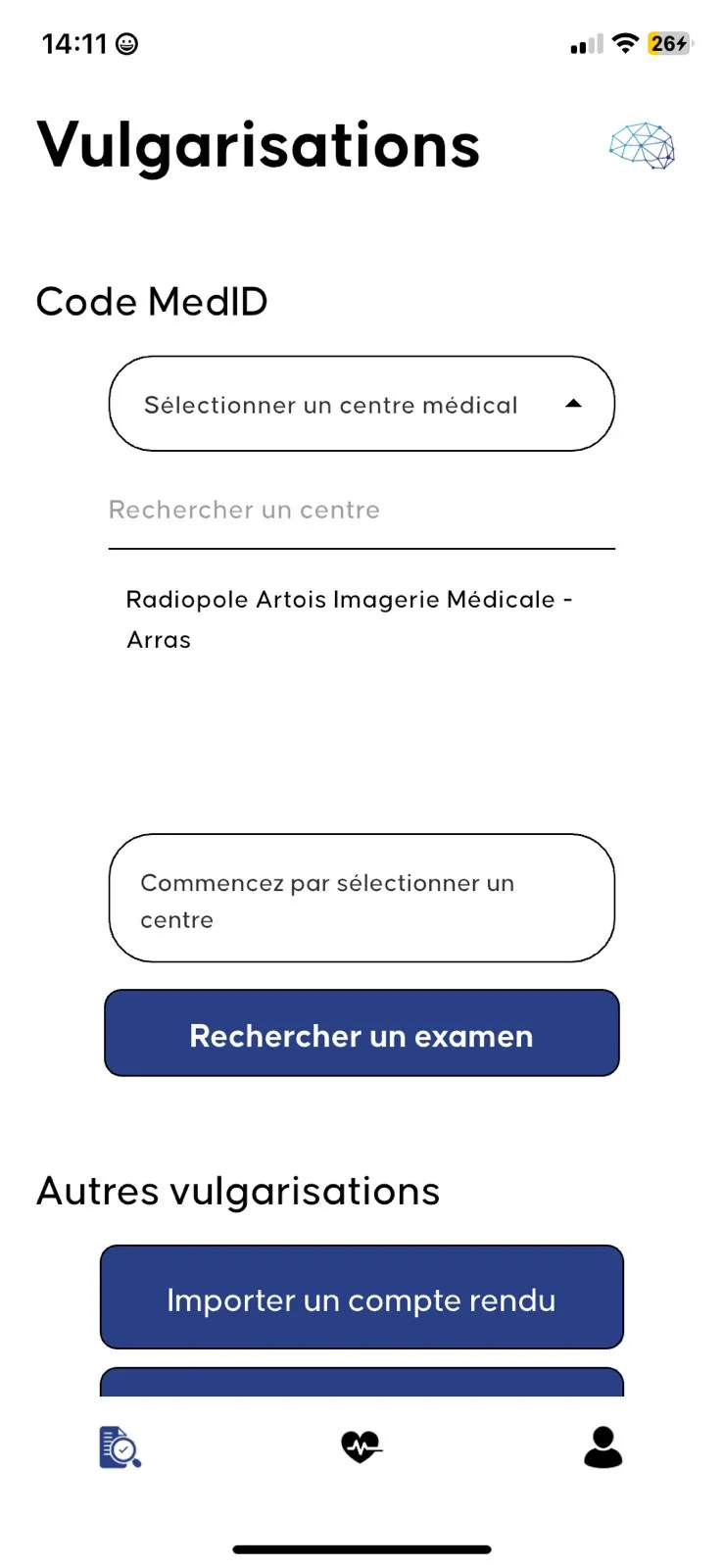 Écran Medexply : saisie d'un code MedID pour vulgariser un examen