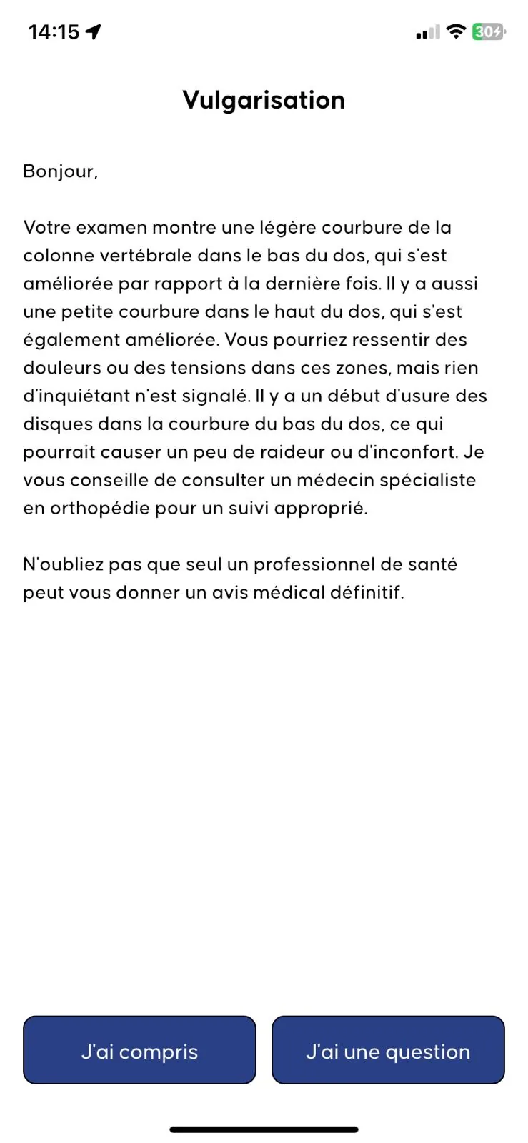 Écran Medexply : vulgarisation d'un compte rendu médical