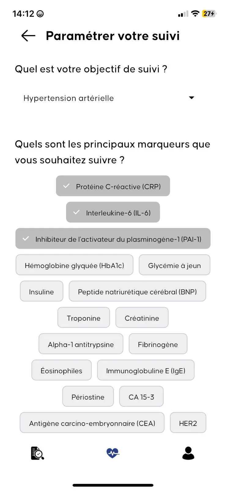 Écran de paramétrage du suivi des marqueurs de santé dans Medexply