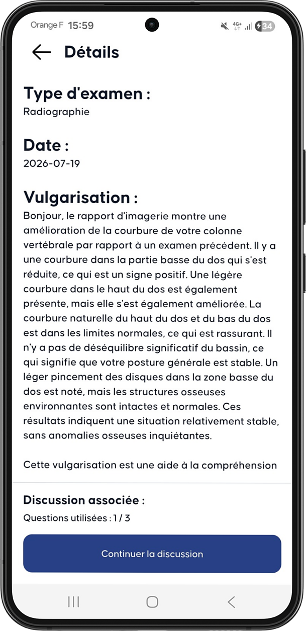 Écran Medexply : le détail d'une vulgarisation dans l'historique