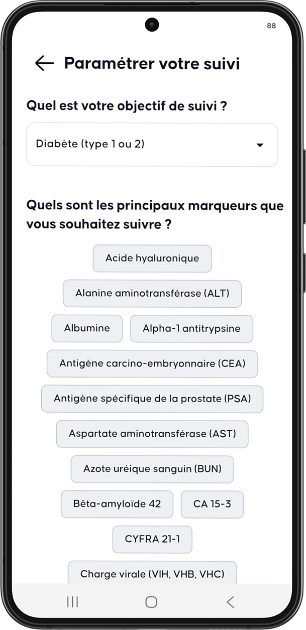 Écran Medexply : paramétrage du suivi des marqueurs de santé