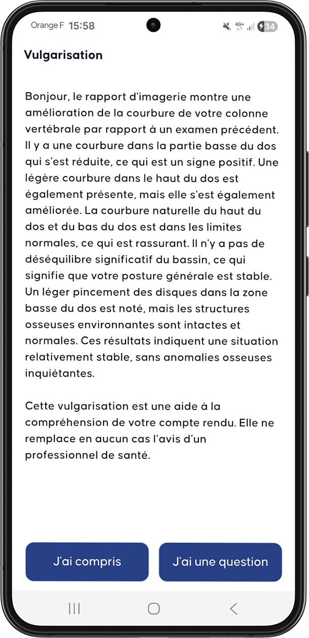 Écran Medexply : la vulgarisation d'un compte rendu d'imagerie médicale